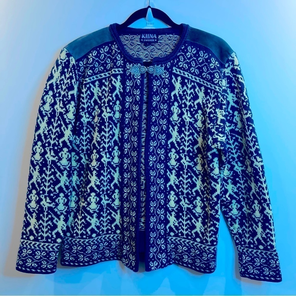 KIINA SWEDEN Sz L  100% Cotton Intricate Thick Knit Scandinavian Button Cardigan